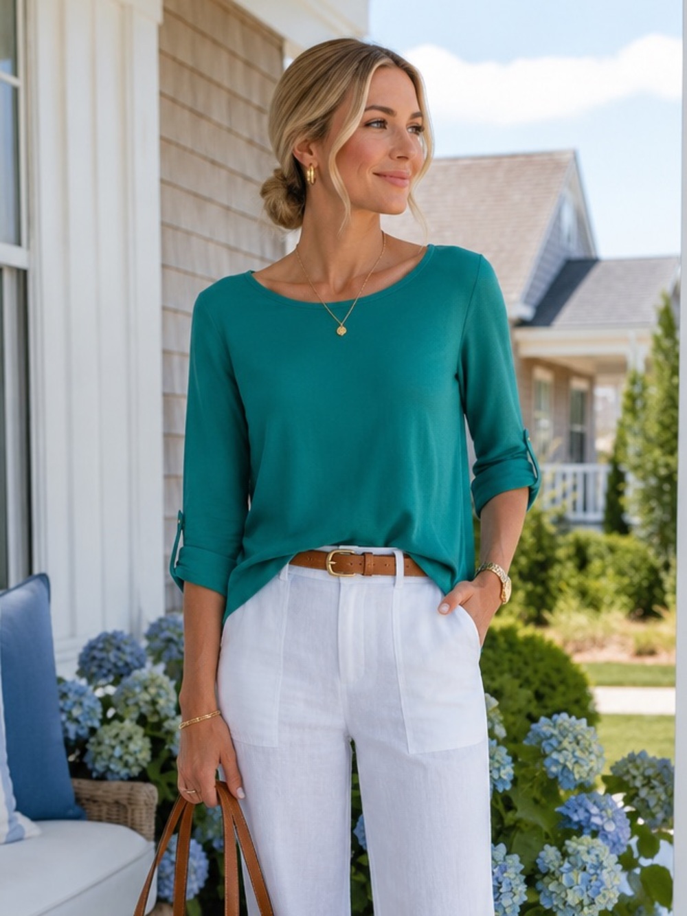 J. Jill Teal Button Shoulder Tee Roll Tab Sleeve Boat Neck Top